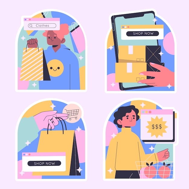 Pegatinas de compras planas de estilo ingenuo