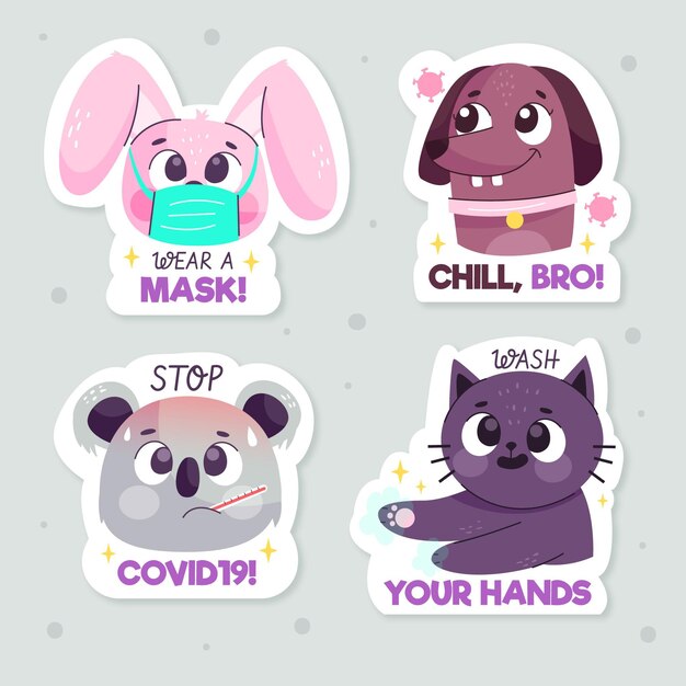 Pegatinas de concepto de coronavirus con animales lindos