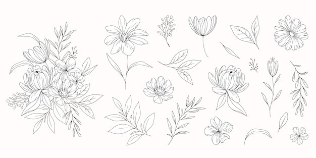 Pegatinas de diseño plano floral line art