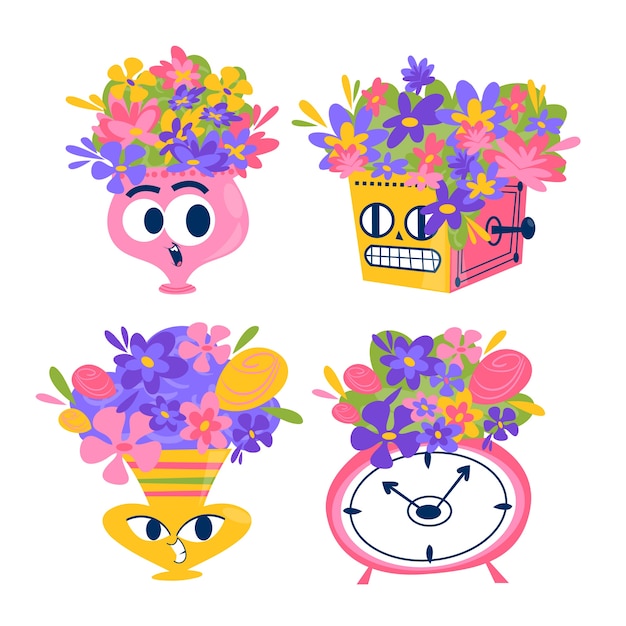 Vector gratuito pegatinas de flores de dibujos animados retro