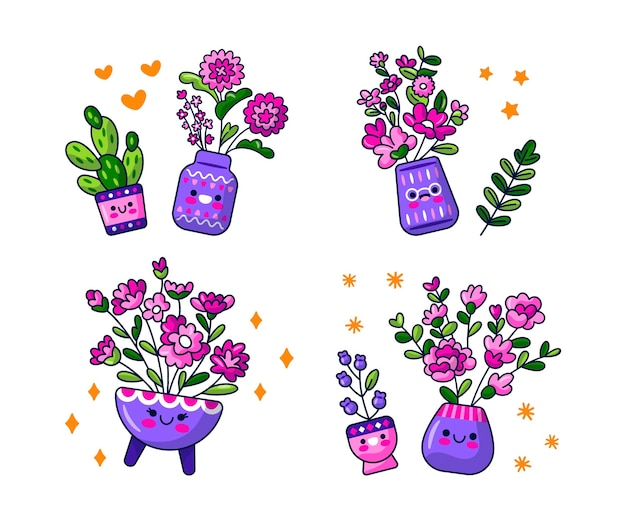 Vector gratuito pegatinas flores y plantas kawaii