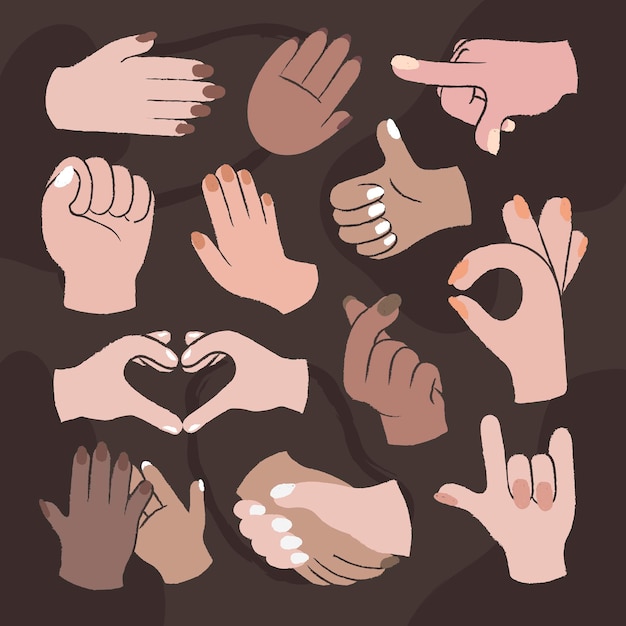 Pegatinas de gesto de mano, conjunto de vectores de personas diversas mixtas