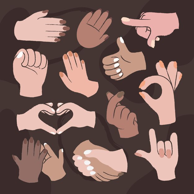 Pegatinas de gesto de mano, conjunto de vectores de personas diversas mixtas