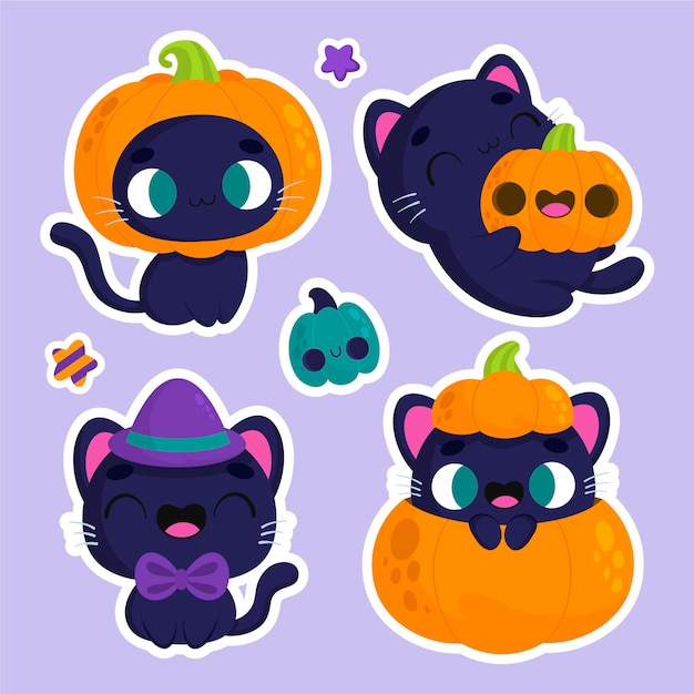 Vector gratuito pegatinas de halloween lindo gato y calabaza