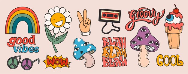 Pegatinas hippie retro planas de los años 70 elementos maravillosos psicodélicos