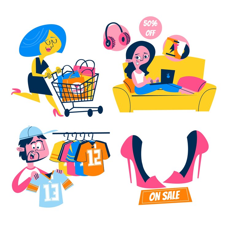 Vector gratuito pegatinas de ilustración de compras de estilo de dibujos animados