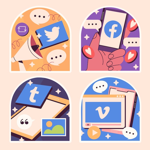 Vector gratuito pegatinas ingenuas del paquete de redes sociales