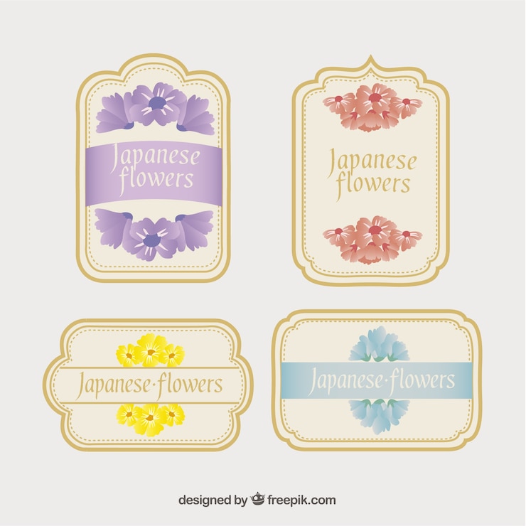 Vector gratuito pegatinas japonesas en estilo vintage con detalles florales