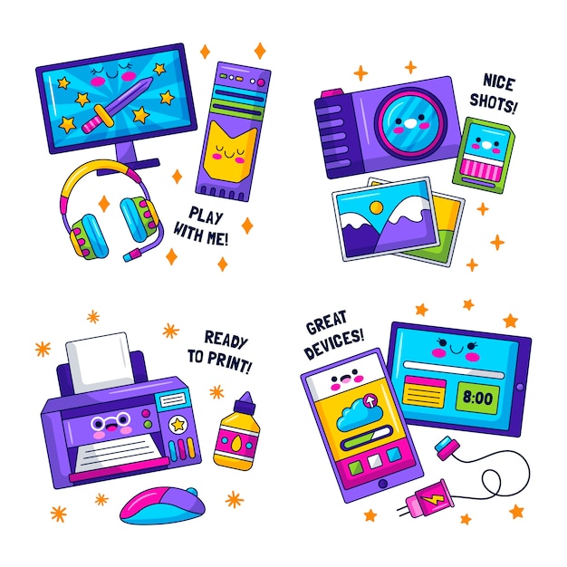 Pegatinas kawaii de dispositivos tecnológicos