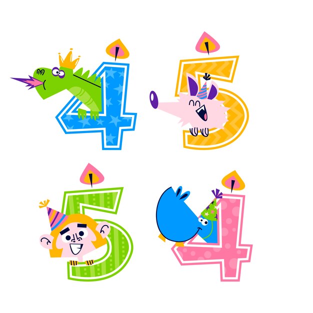 Pegatinas de números de cumpleaños de dibujos animados retro