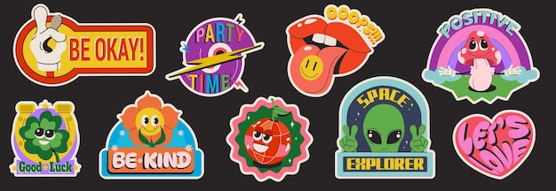 Pegatinas o etiquetas retro con flor, gesto de mano, símbolo de amor, seta positiva, extraterrestre y boca, íconos hippies divertidos, personajes cómicos divertidos, diseño de etiqueta o placa en estilo moderno