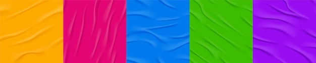 Vector gratuito pegatinas pegadas textura colorida maqueta de parches de papel arrugado etiquetas encogidas en blanco de formas cuadradas emblemas arrugados elementos ui o gui amarillo rosa azul verde violeta conjunto de vectores 3d realista
