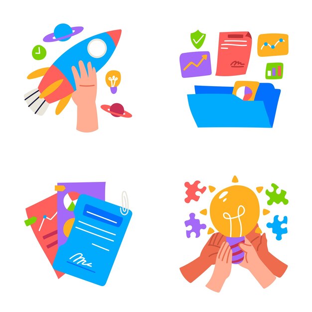 Pegatinas de plan de negocios en estilo plano