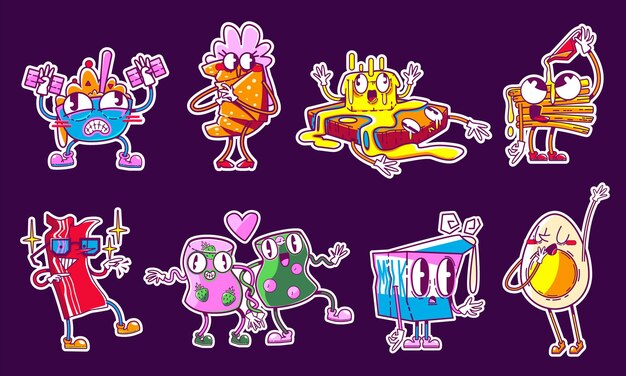 Pegatinas retro comida divertida y2k personajes de desayuno