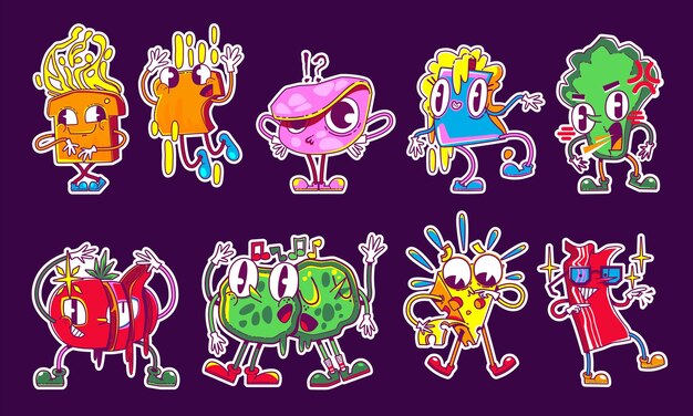 Pegatinas retro en estilo y2k diferentes comidas divertidas