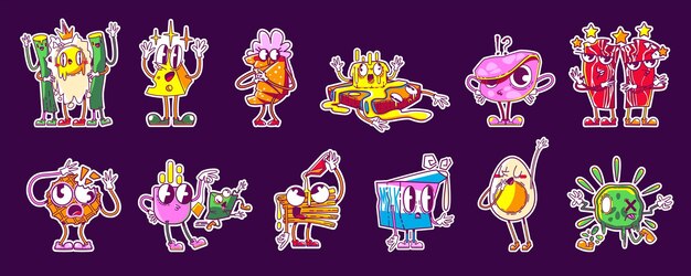 Pegatinas retro de personajes de desayuno lindo de comida