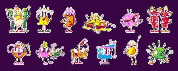 Pegatinas retro de personajes de desayuno lindo de comida