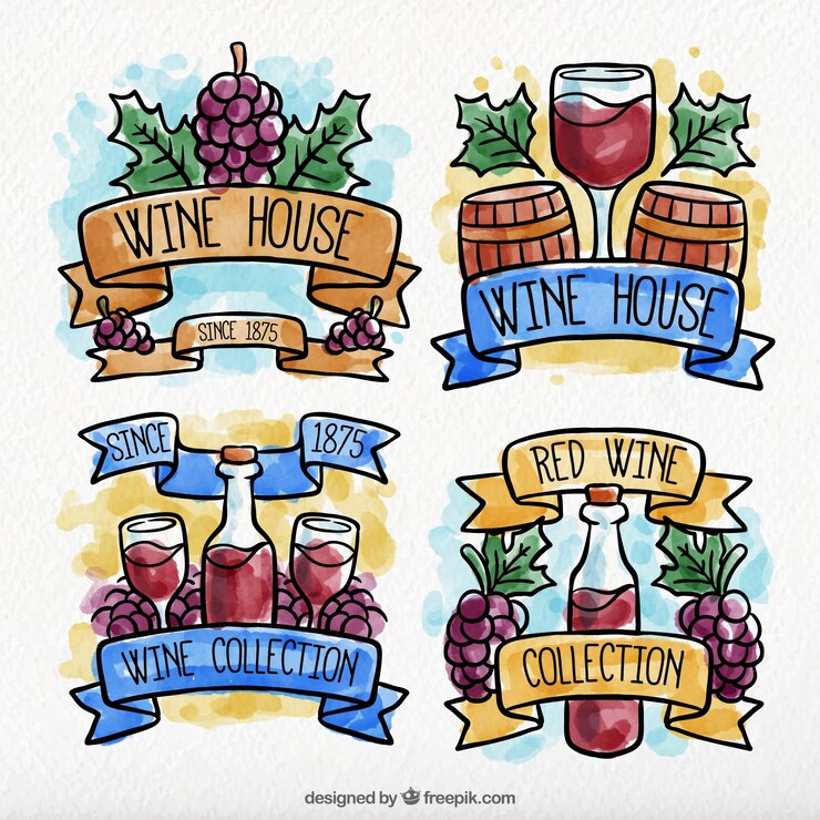 Vector gratuito pegatinas de vino decorativas en estilo de acuarela