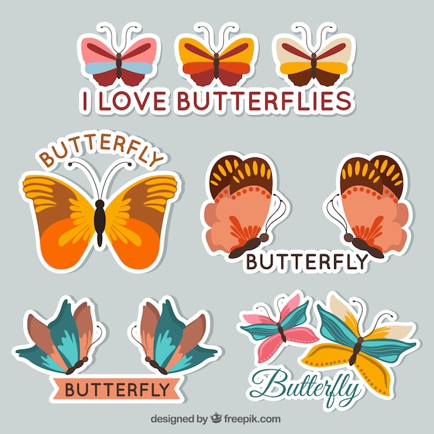 Vector gratuito pegatinas vintage de mariposas dibujadas a mano