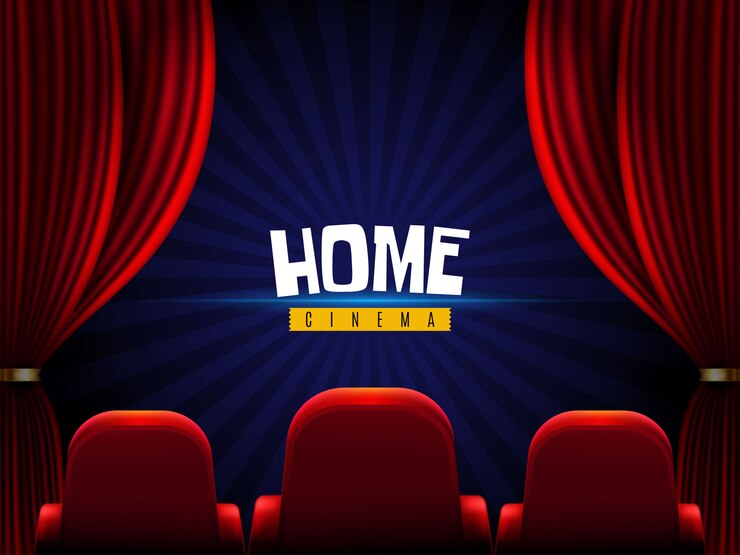 Vector gratuito película en casa cortinas y butacas de cine.