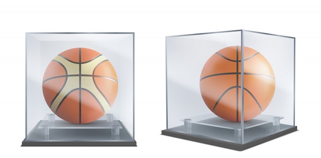 Pelota de baloncesto bajo vector realista de la caja de cristal