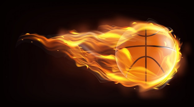 Pelota de baloncesto volando en llamas vector realista