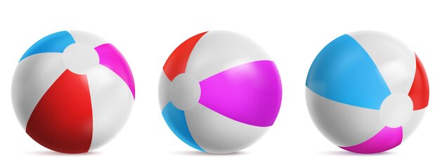 Pelota de playa inflable, globo aerostático a rayas para jugar en el agua, mar o piscina. Vector conjunto realista de pelota de playa de goma brillante con colores azul, rojo y rosa aislado sobre fondo blanco.