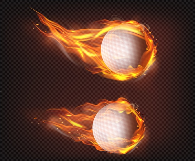 Pelotas de golf volando en fuego realista vector