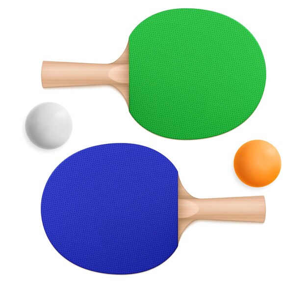 Pelotas de ping-pong 3d y paletas deportivas azules y verdes con asas de madera en la vista superior e inferior