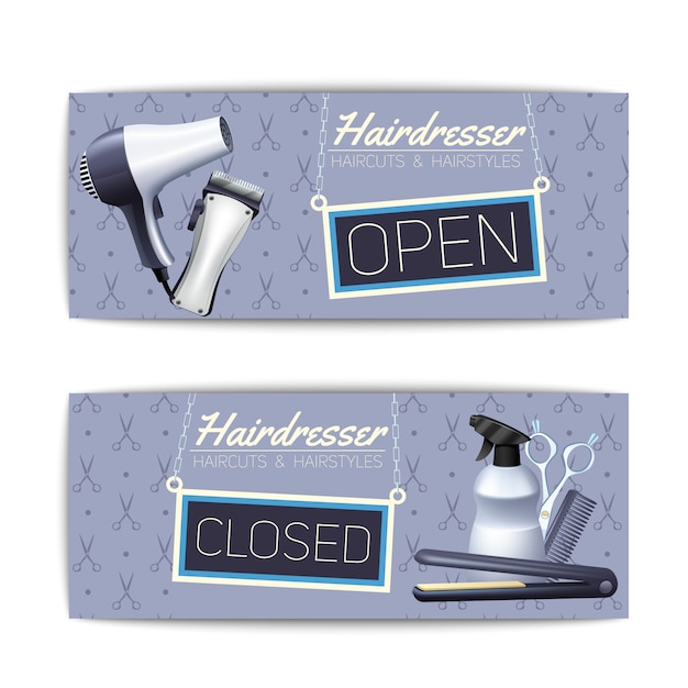 Vector gratuito peluquería abrir y cerrar el letrero con corte de pelo y peinado conjunto de banner de color de texto