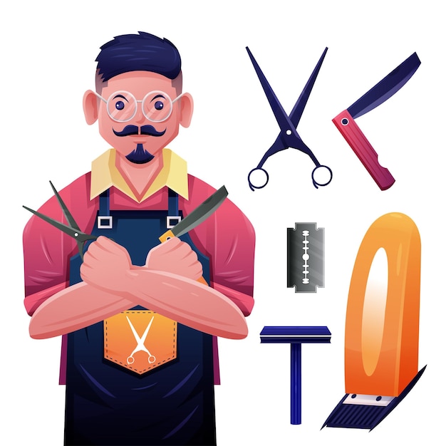 Vector gratuito peluqueros jóvenes hombre y equipo profesional vector de dibujos animados