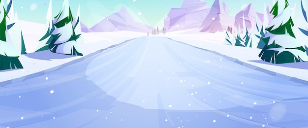 Pendiente de montaña nevada para montar en esquí y snowboard en perspectiva. dibujos animados vectoriales pov ilustración del paisaje invernal con descenso nevado, abetos y rocas