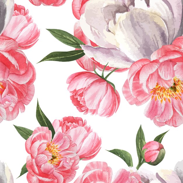 Peonía flores acuarela patrón inconsútil floral botánico acuarela estilo vintage textil
