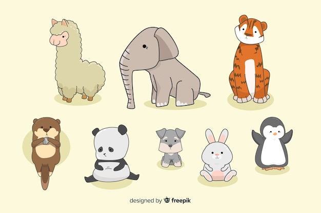 Pequeña colección de animales kawaii dibujados a mano