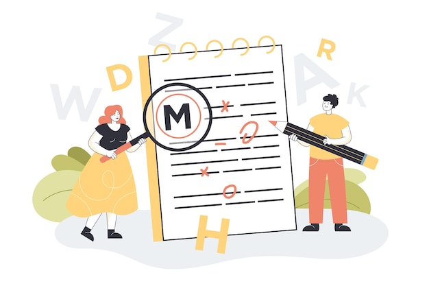 Pequeña mujer que muestra errores gramaticales y de puntuación con lupa y un hombre corrigiéndolos. Trabajo de edición y corrección en la ilustración vectorial plana de la escuela o la universidad. Corrección, concepto de enseñanza