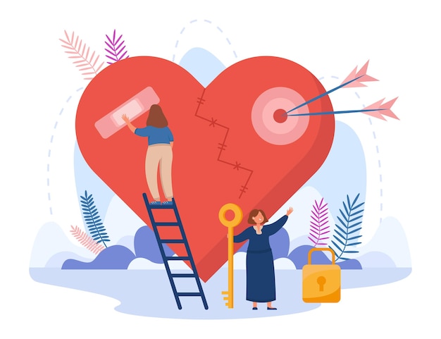 Pequeña niña de pie en las escaleras y grabando el corazón roto. Personaje de dibujos animados femenino sosteniendo la llave para bloquear la ilustración plana