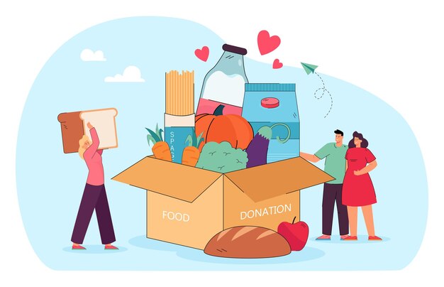 Pequeñas personas de pie cerca de la caja de donación de alimentos para la entrega. Voluntarios dando productos comestibles saludables a la ilustración de vector plano de caridad. Apoyo social, ayuda humanitaria, comunidad, concepto de intercambio.
