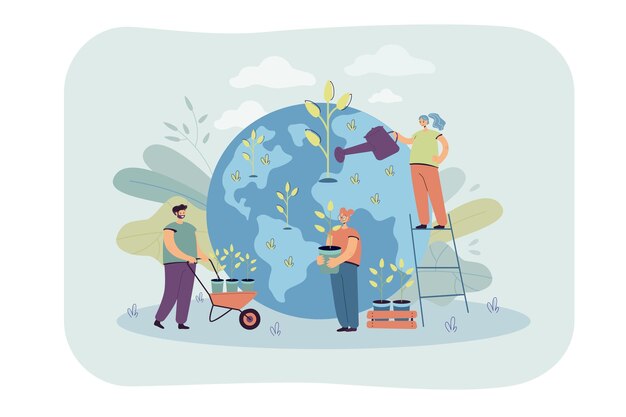 Pequeñas personas plantando y regando árboles juntos