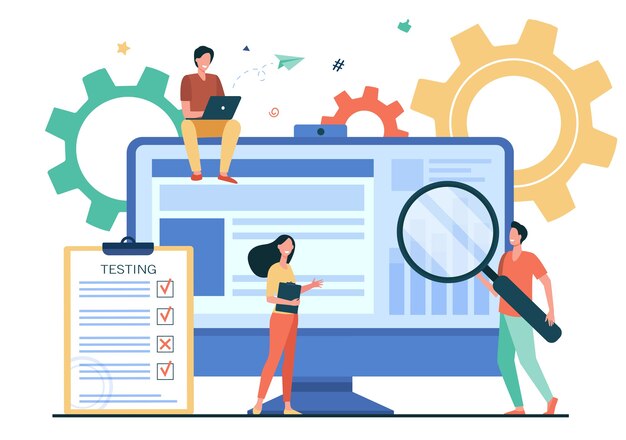 Pequeñas personas que prueban la garantía de calidad en software aislado ilustración vectorial plana. Personaje de dibujos animados arreglando errores en el dispositivo de hardware. Prueba de aplicación y concepto de servicio de TI