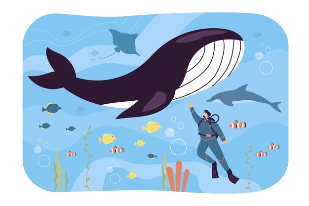 Pequeño buzo de dibujos animados nadando en el océano o acuario