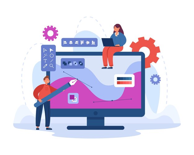 Pequeño diseñador gráfico dibujando con un bolígrafo grande en la pantalla de la computadora. Creadores en el trabajo, mujer creativa que trabaja en la ilustración de vector plano portátil. Concepto de diseño digital para banner o página web de destino