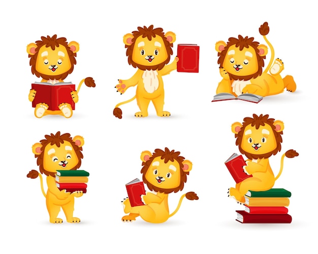 Un pequeño león está leyendo un libro, un conjunto de figuras de animales en un estilo de dibujos animados ilustración vectorial