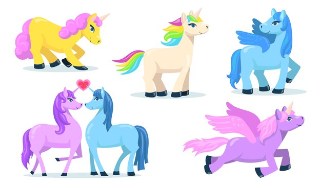 Pequeño y lindo Pegaso y unicornio plano para diseño web. Ponis mágicos de dibujos animados para la colección de ilustraciones vectoriales aisladas de princesa. Fantasía para el concepto de niños y animales.