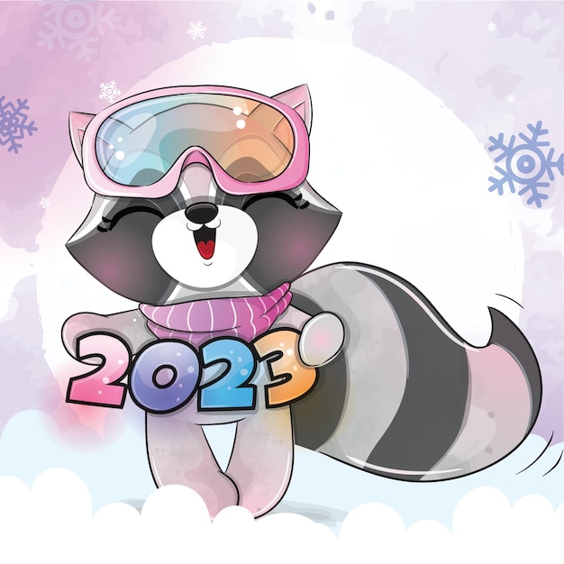 Pequeño mapache animal lindo feliz 2023 en la ilustración de la nieve. mapache lindo animal acuarela