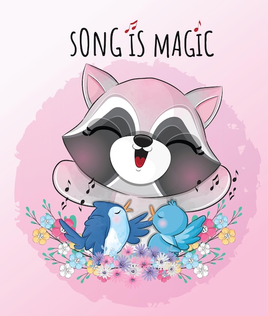 Vector gratuito pequeño mapache animal lindo que canta con la ilustración del pájaro - carácter panda animal lindo de la acuarela