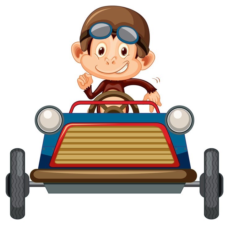 Vector gratuito pequeño mono conduciendo coche de carreras sobre fondo blanco.