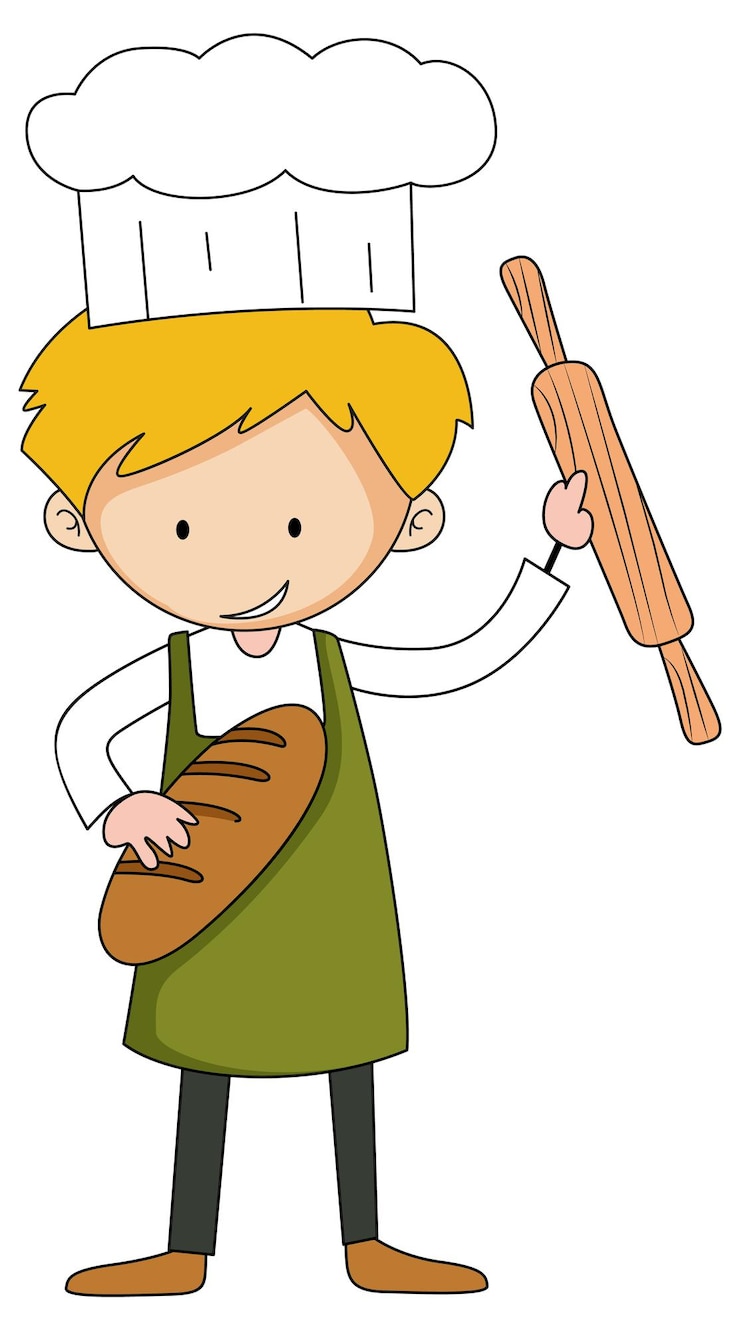 Vector gratuito pequeño panadero con personaje de dibujos animados de cosas para hornear aislado