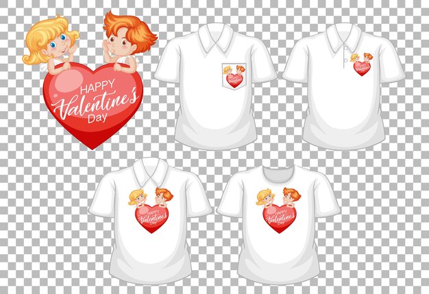 Pequeño personaje de dibujos animados de cupidos con un conjunto de camisetas diferentes aislado sobre fondo blanco.