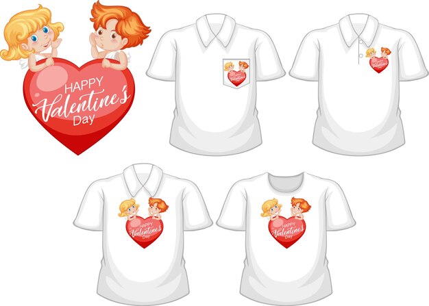 Pequeño personaje de dibujos animados de cupidos con un conjunto de camisetas diferentes aislado sobre fondo blanco.