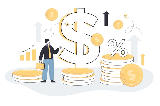 Pequeño personaje masculino en monedas de dólar, flechas y porcentaje de fondo. Recesión de nivel de valor monetario y proceso de aumento de precio ilustración vectorial plana. Economía, inflación general, concepto de riesgo de mercado